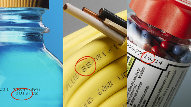 Close-up images of a batch coding machine imprinting details on various products.